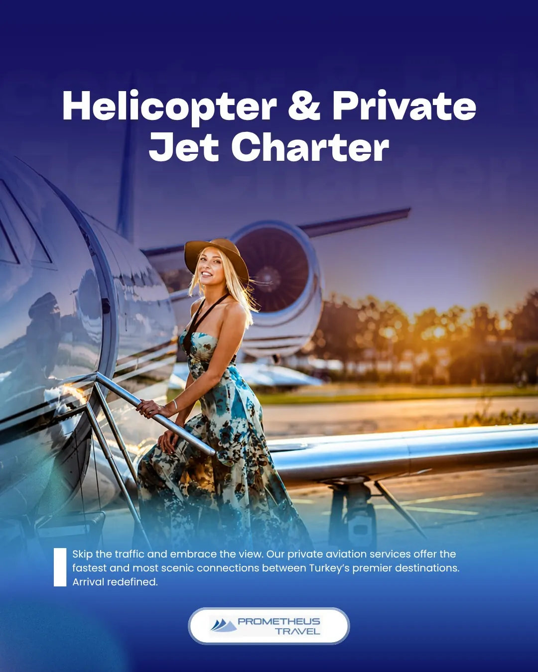 Prometheus Travel — Helikopter ve özel jet kiralama hizmetini anlatan post